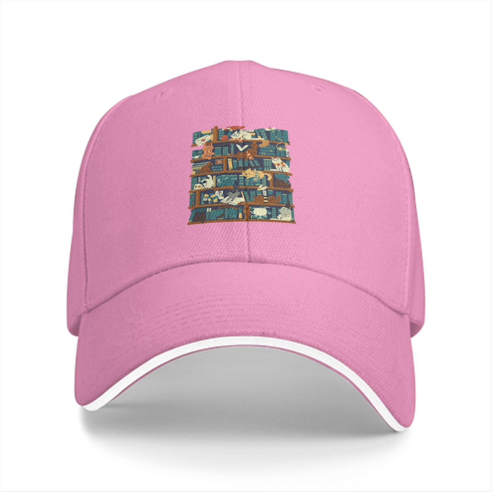 Black Baseball Cap With Playful Cats On Bookshelf Graphic