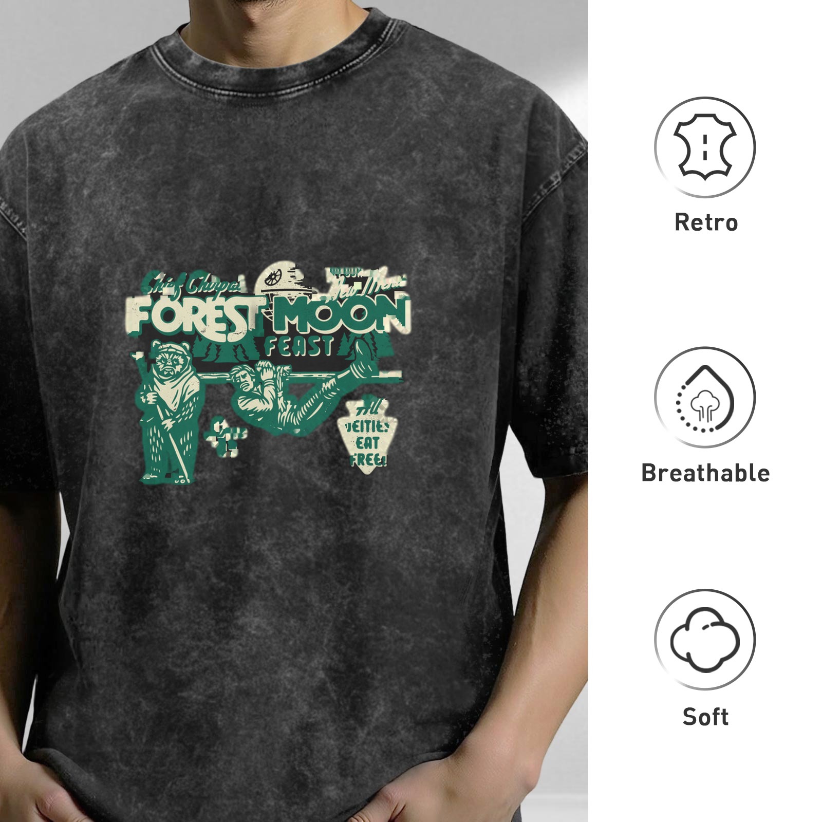 Washed black graphic t-shirt with Forest Moon Feast design