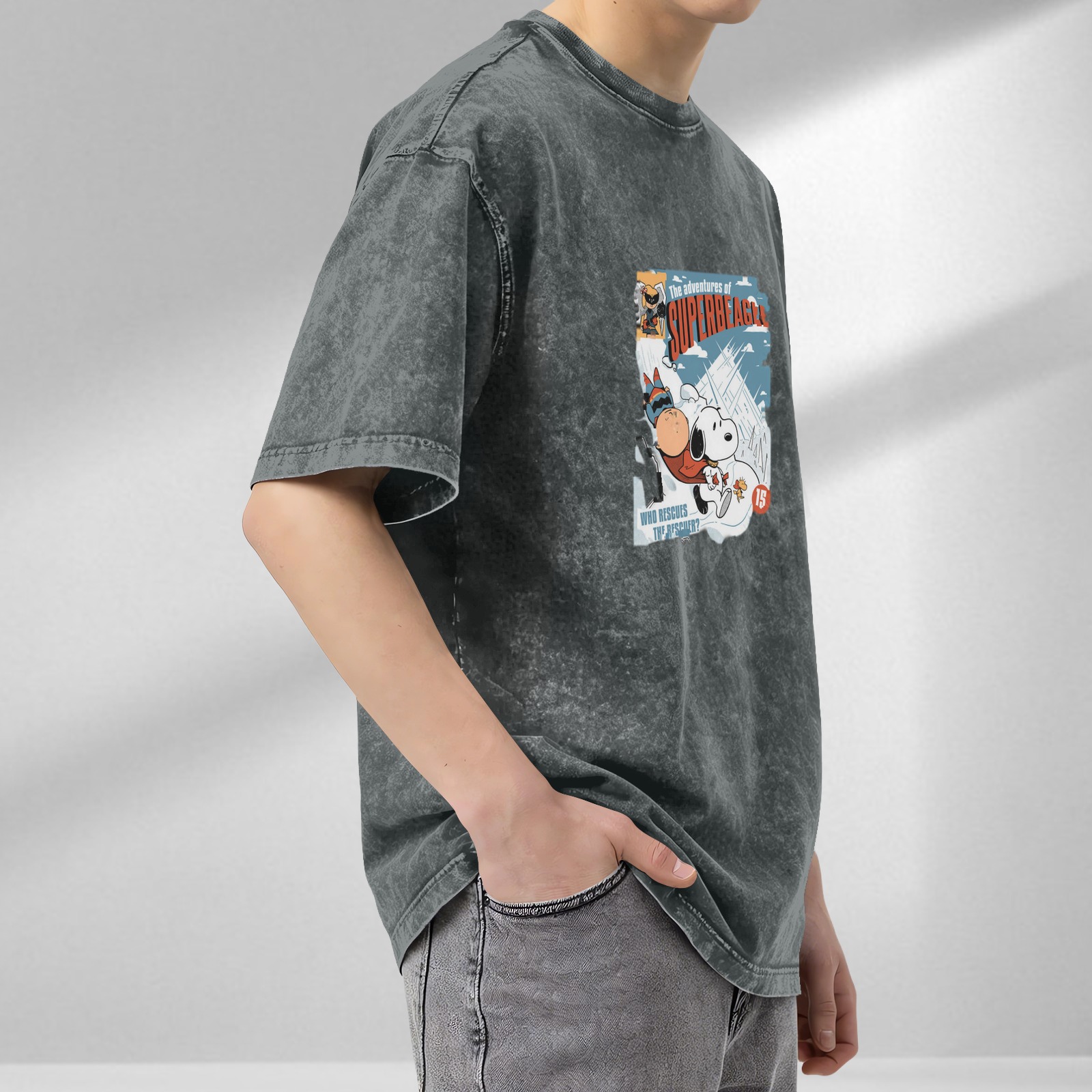 Snoopy Superbeagle Comic Print Oversized Acid Wash T-Shirt