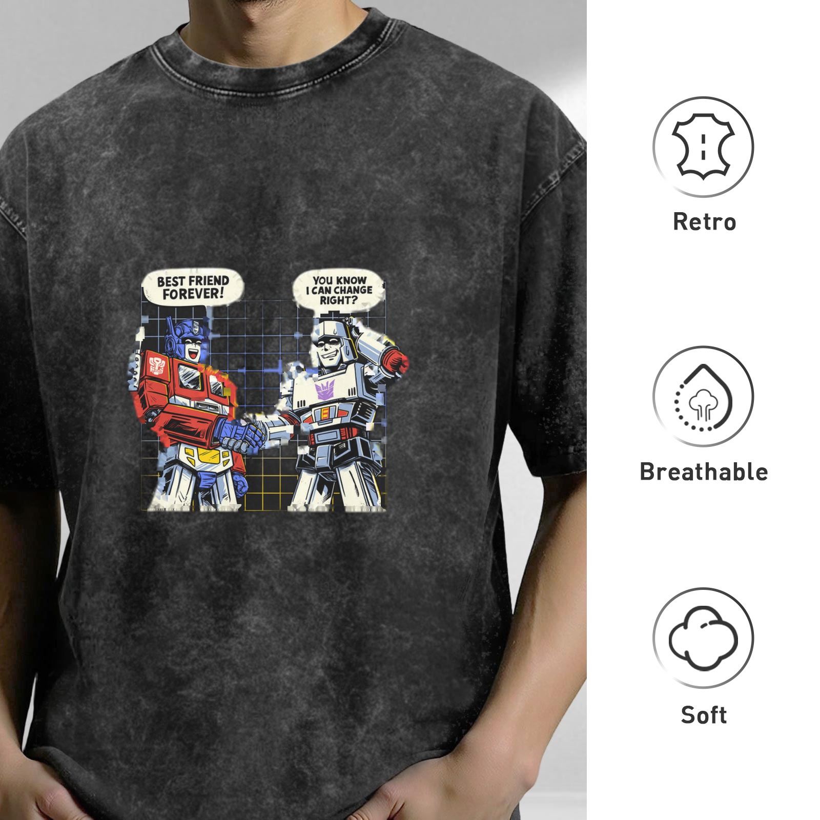 Washed graphic tee with Transformers best friends forever joke print