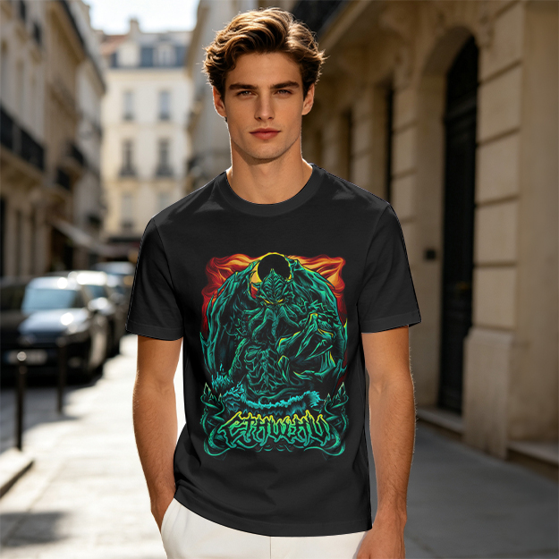 Olive Green T-Shirt With Dark Fantasy Monster Graphic Print