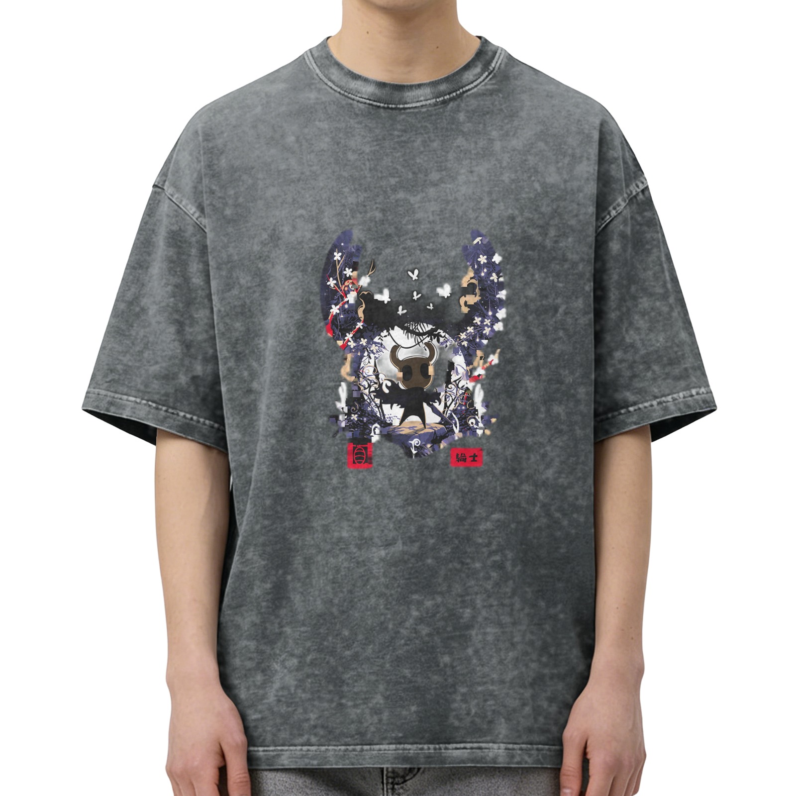 Oversized Washed Black T-Shirt with Hollow Knight Graphic Print