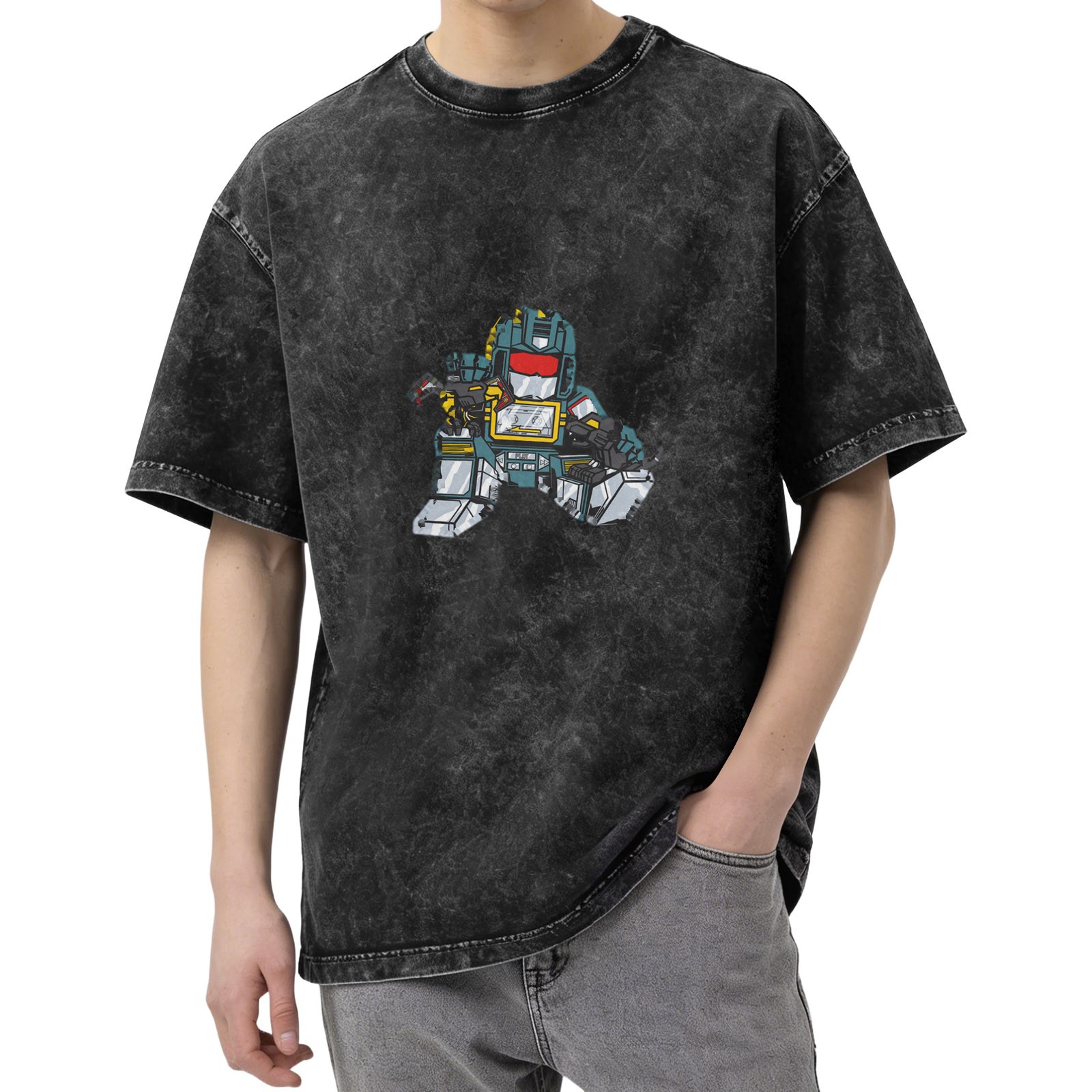 Oversized Acid Wash Black T-Shirt with Chibi Transformers Soundwave Graphic Print