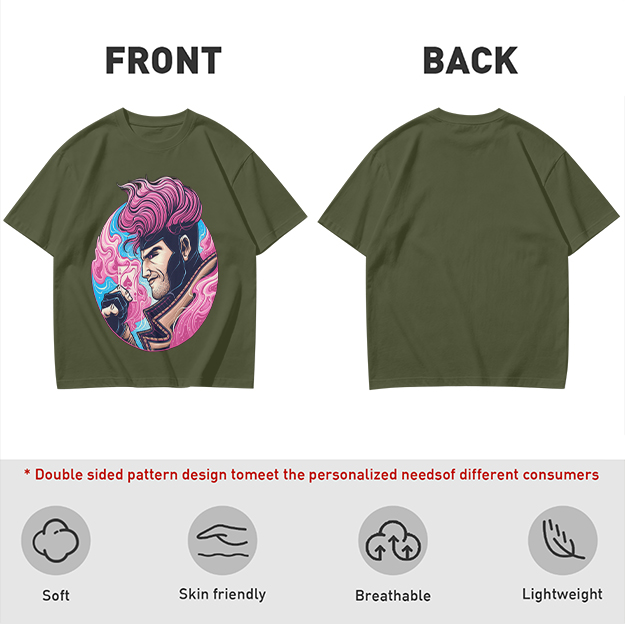 Olive T-Shirt With Pink Haired Superhero Character Art Print