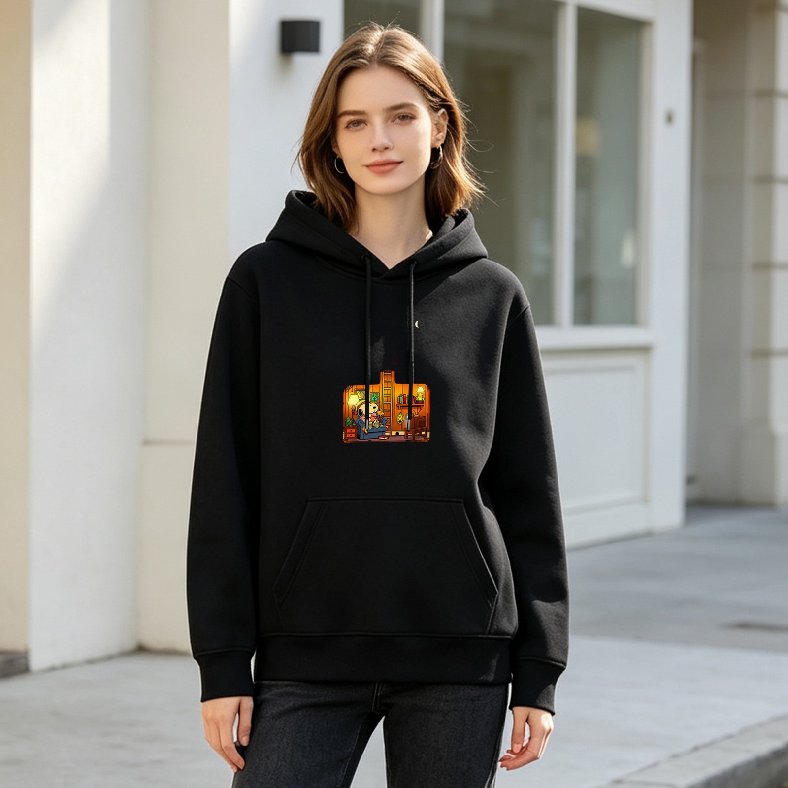 Black Hoodie With Cozy Cartoon Room Scene Print