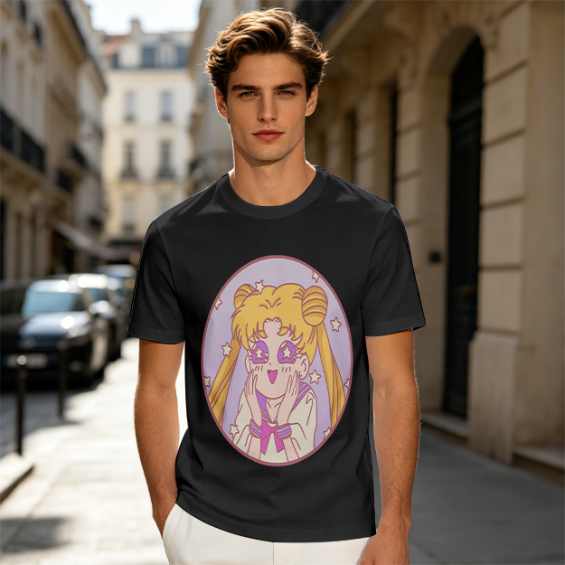 Olive T-shirt with excited anime girl star eyes graphic