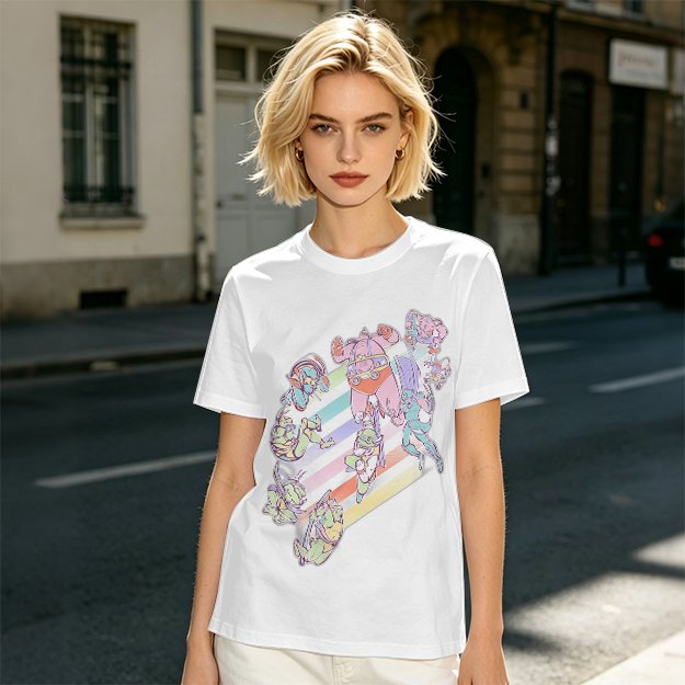 Olive Green T-Shirt With Pastel Whimsical Character Art Print