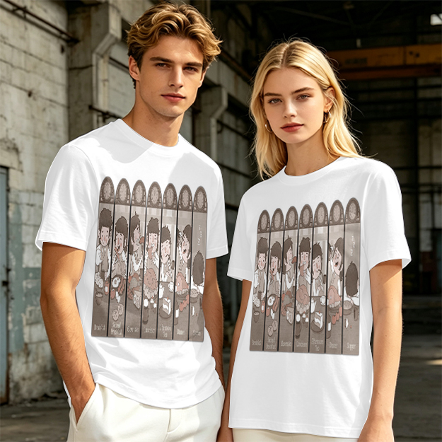 Olive green t-shirt with cartoon medieval feast scene print