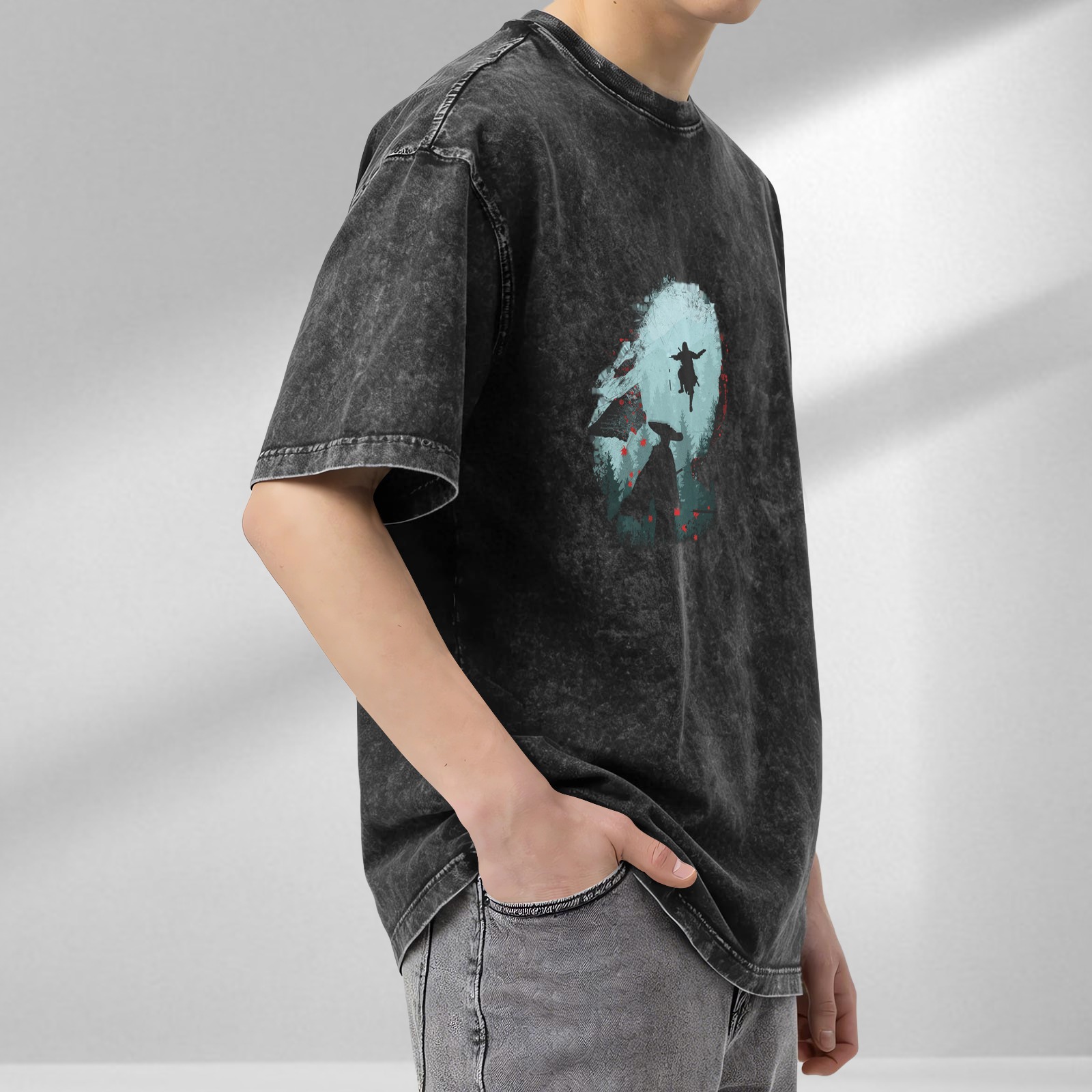 Distressed Darth Vader style printed short-sleeved T-shirt