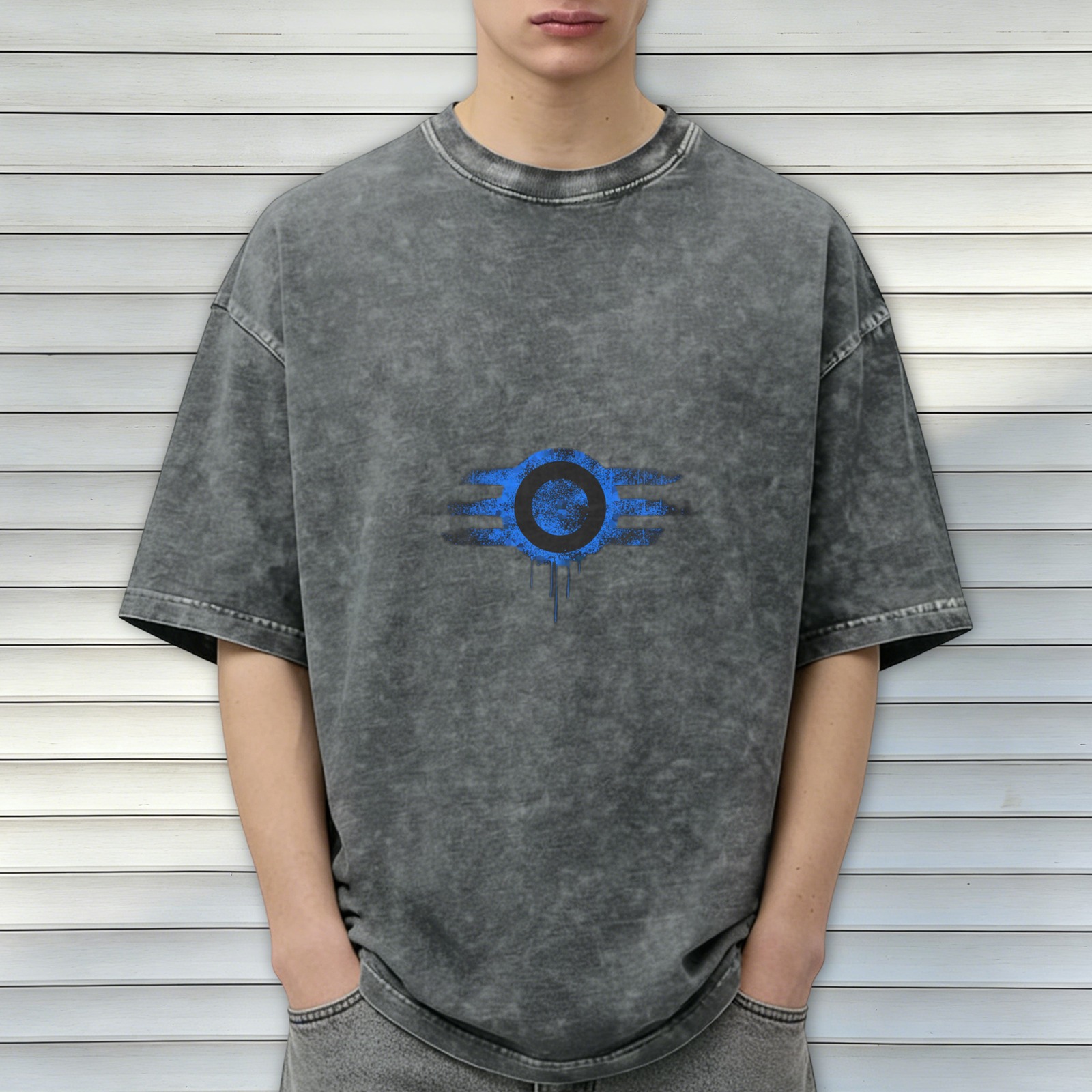Washed Black Oversized T-Shirt With Blue Vault Boy Inspired Graphic