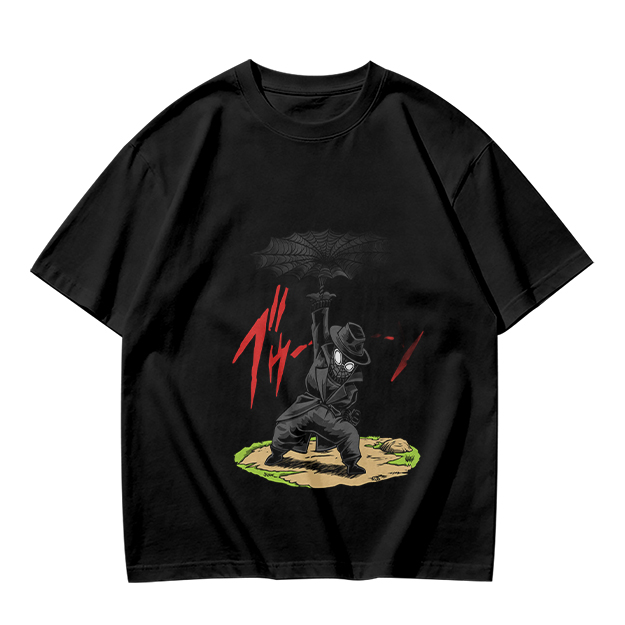 Olive T-shirt with Dark Umbrella-Wielding Character Graphic