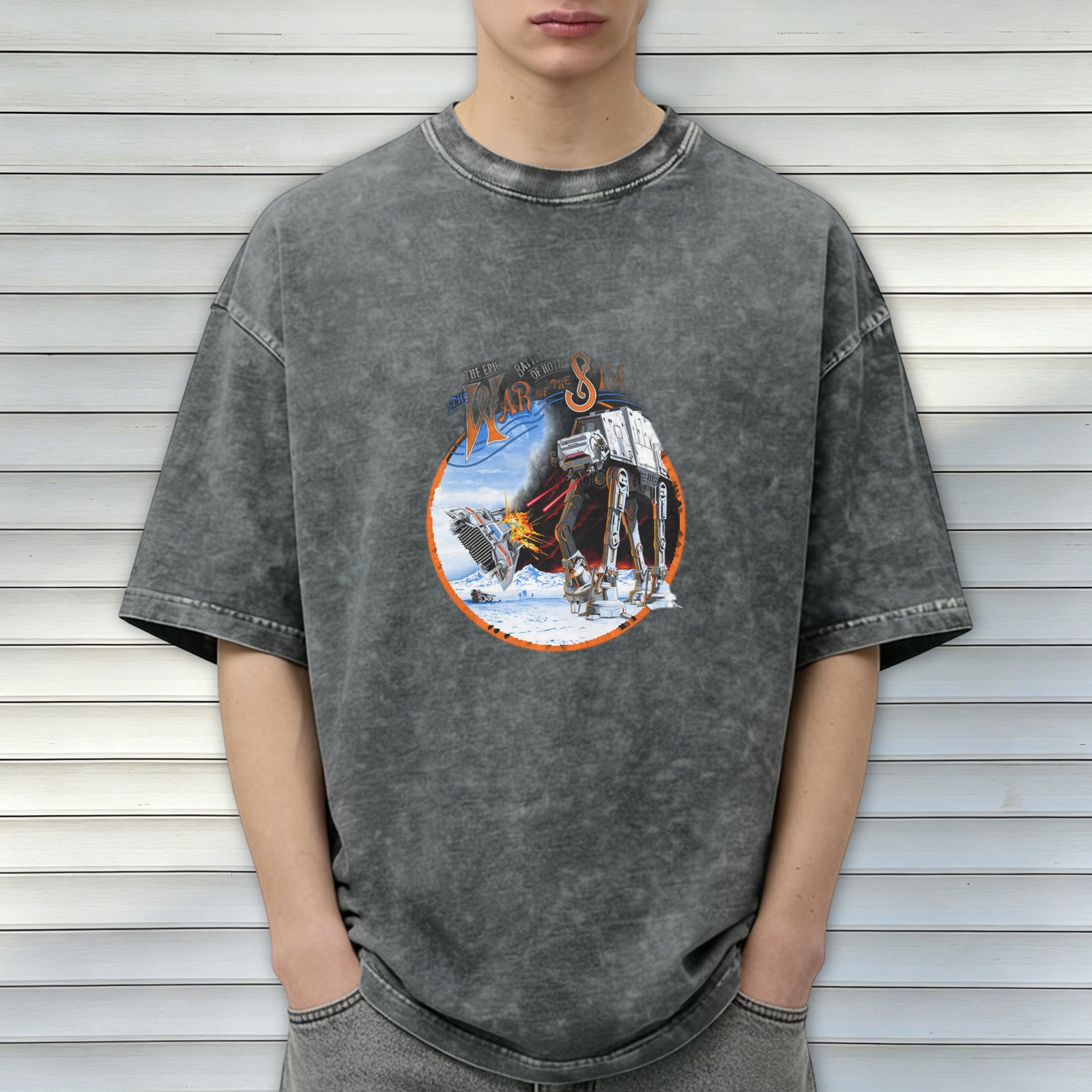 Star Wars Battle of Hoth AT-AT Snow Speeder Graphic Acid Wash Oversized T-Shirt