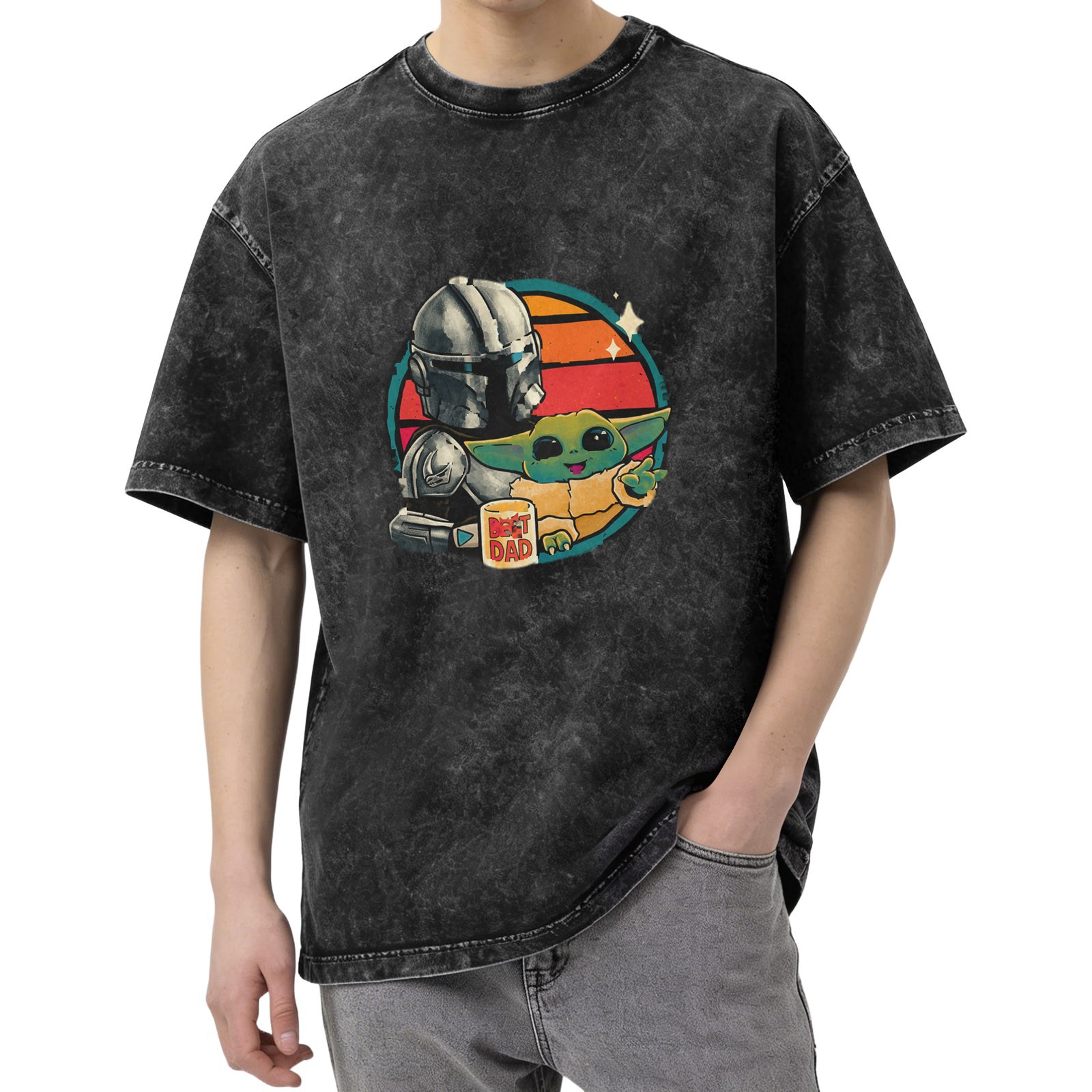 Star Wars The Mandalorian & Grogu (Baby Yoda) 'Best Dad' Graphic Acid-Wash Short Sleeve T-Shirt