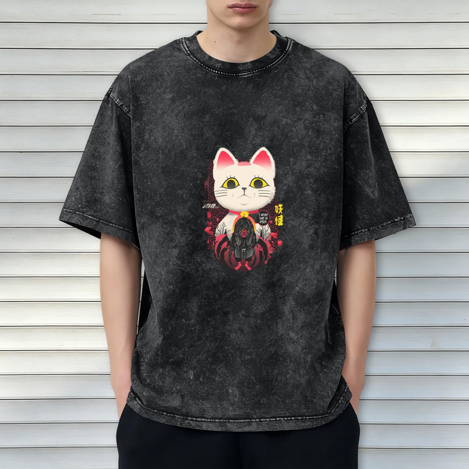 Washed black graphic t-shirt with maneki-neko and yokai design