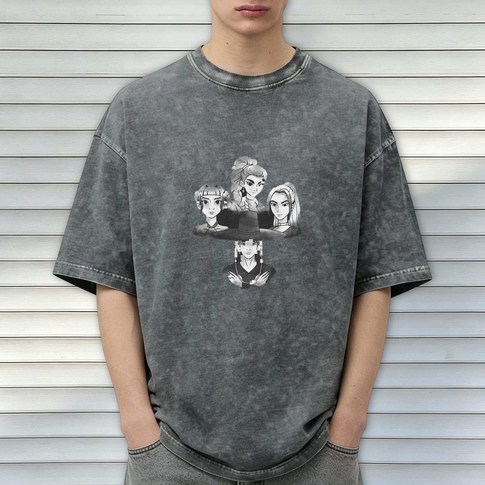 Washed black graphic t-shirt with anime character portraits