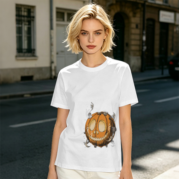Olive Green T-Shirt With Spooky Halloween Pumpkin Ghost Print