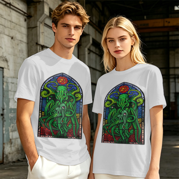 Olive T-Shirt with Cthulhu Stained Glass Style Graphic