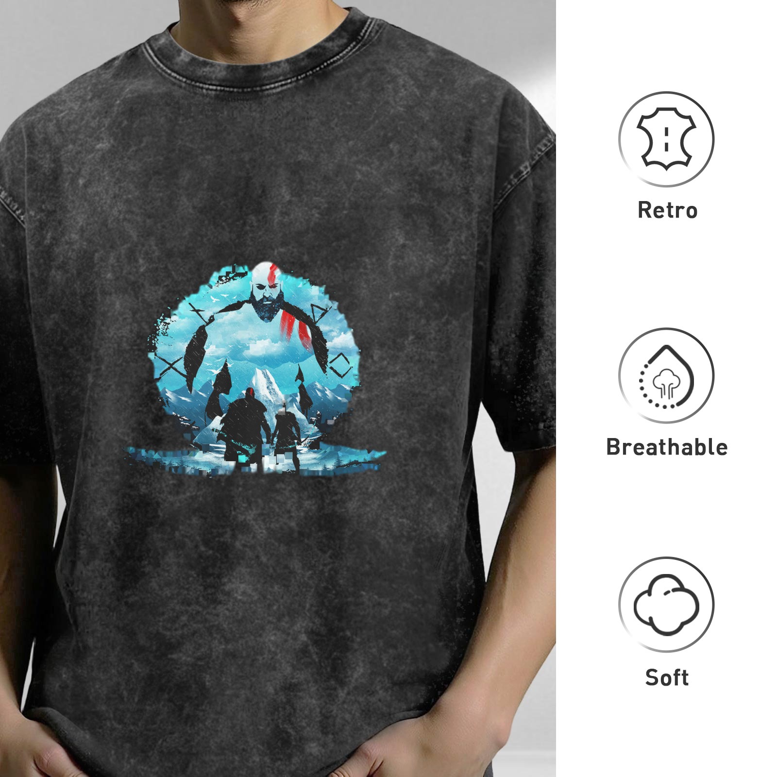 God of War Kratos & Atreus Graphic Print Stone Wash Oversized T-shirt