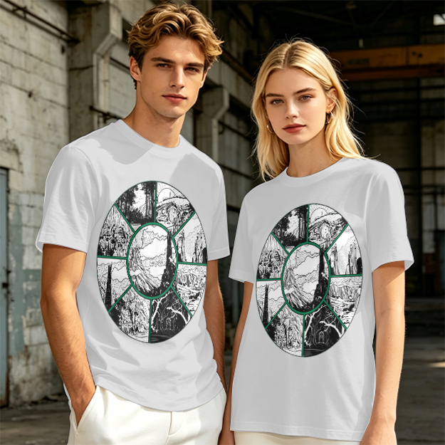 Olive Green T-Shirt With Circular Fantasy Landscape Art Print