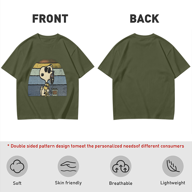 Olive T-shirt with Snoopy and Woodstock Retro Sunset Graphic