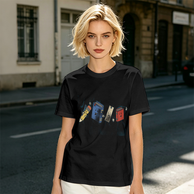 Olive Green T-Shirt with Cartoon School Supplies Graphic