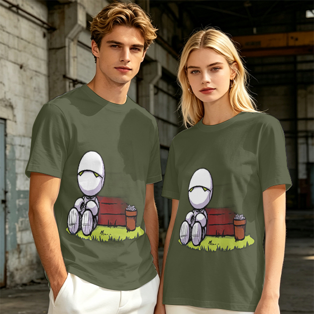 Olive T-Shirt With Sad Sitting Robot Graphic Print