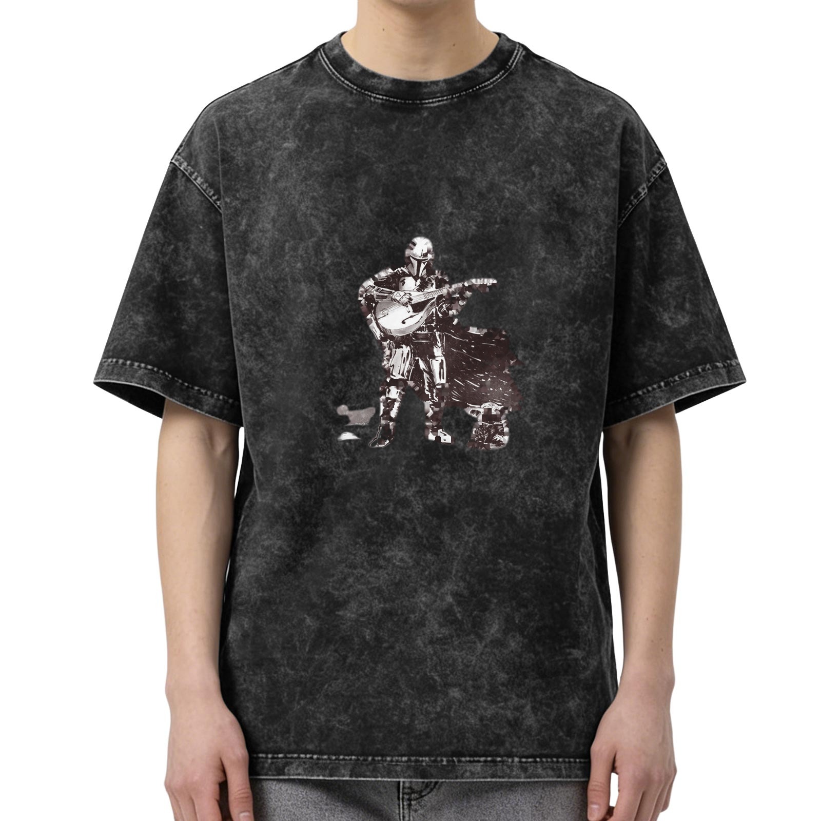 Washed Black T-Shirt With Mandalorian Playing Lute Artwork