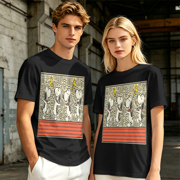 Olive T-shirt with dancing Snoopy and Woodstock graphic print