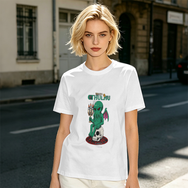 Olive Green Cthulhu Graphic T-Shirt with Skull and Candles