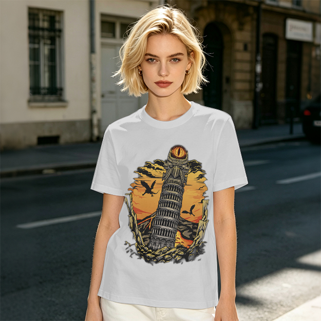 Ominous tower with eye and flying creatures graphic t-shirt