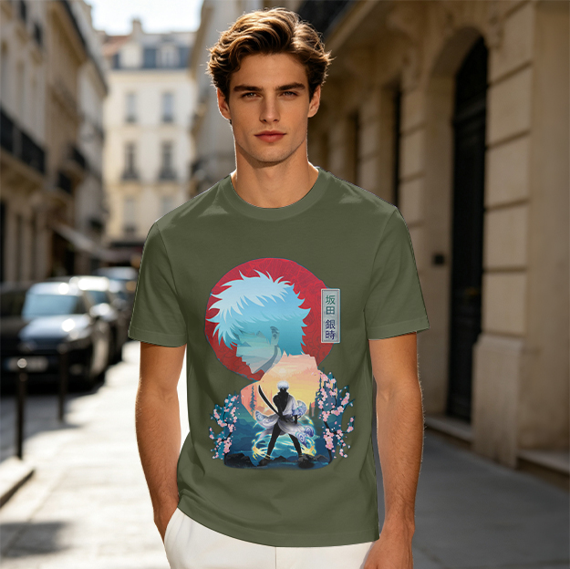 Anime samurai graphic olive green casual t-shirt