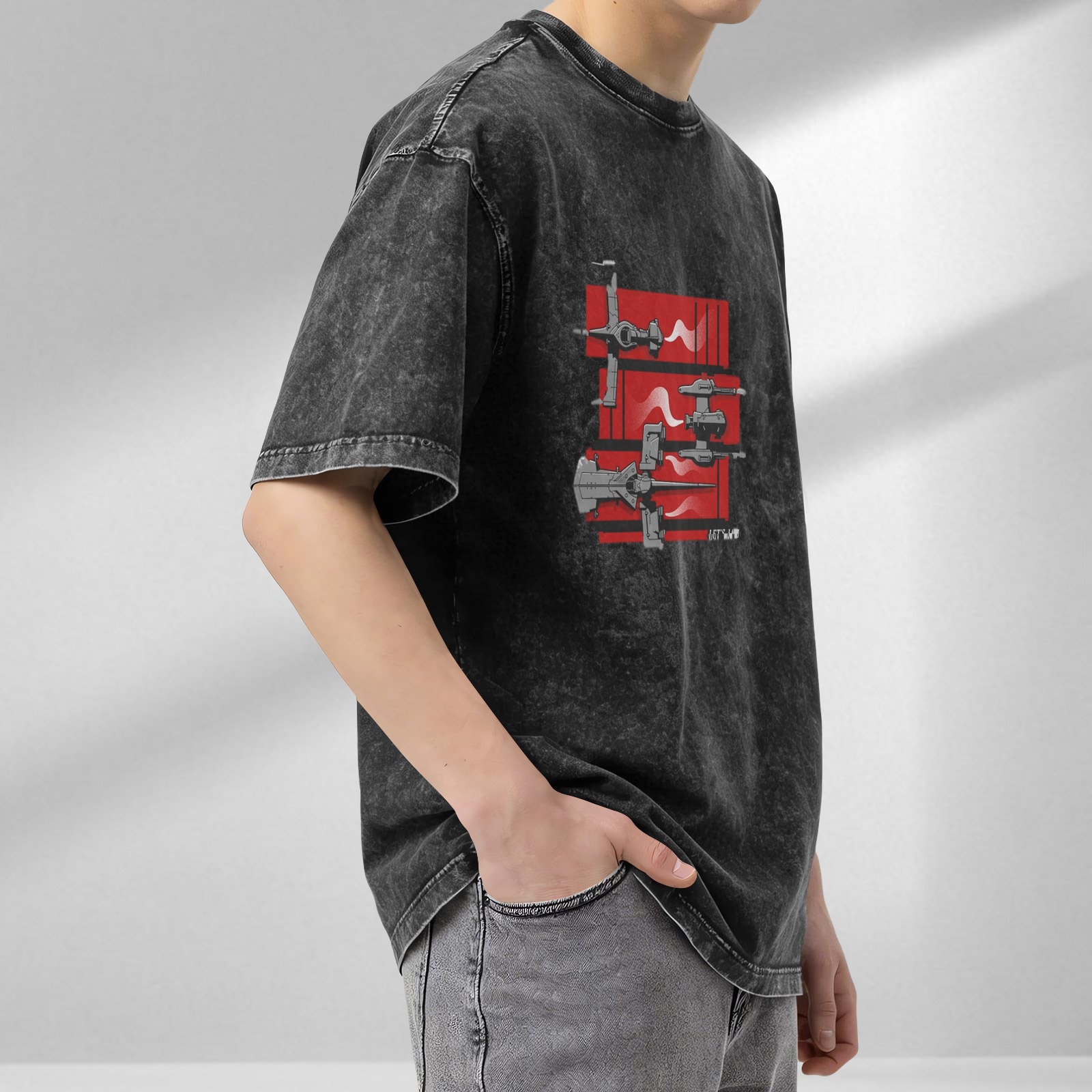 Distressed black loose short-sleeved T-shirt with sci-fi spaceship print design