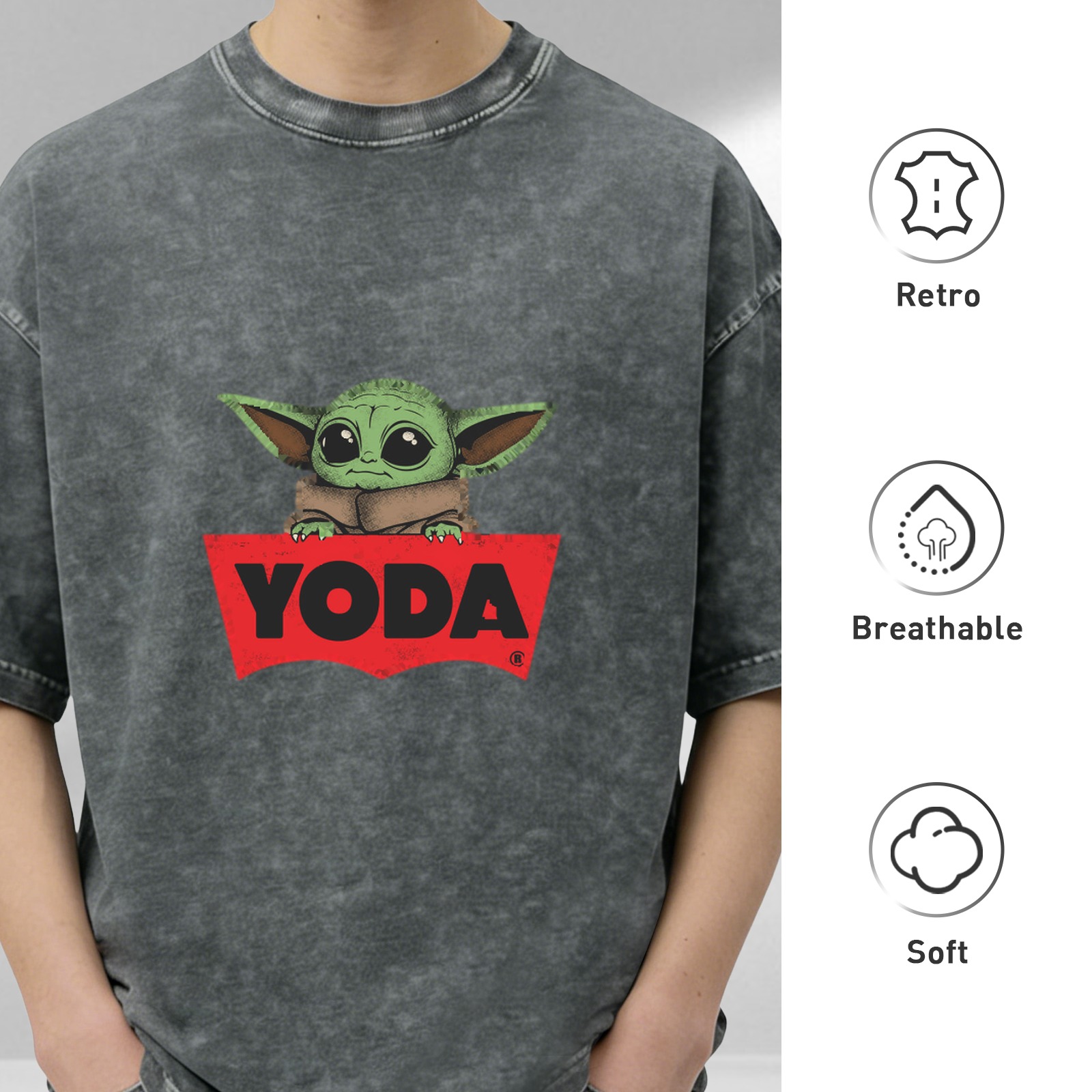 Baby Yoda Graphic Black Acid Wash Cotton T-Shirt