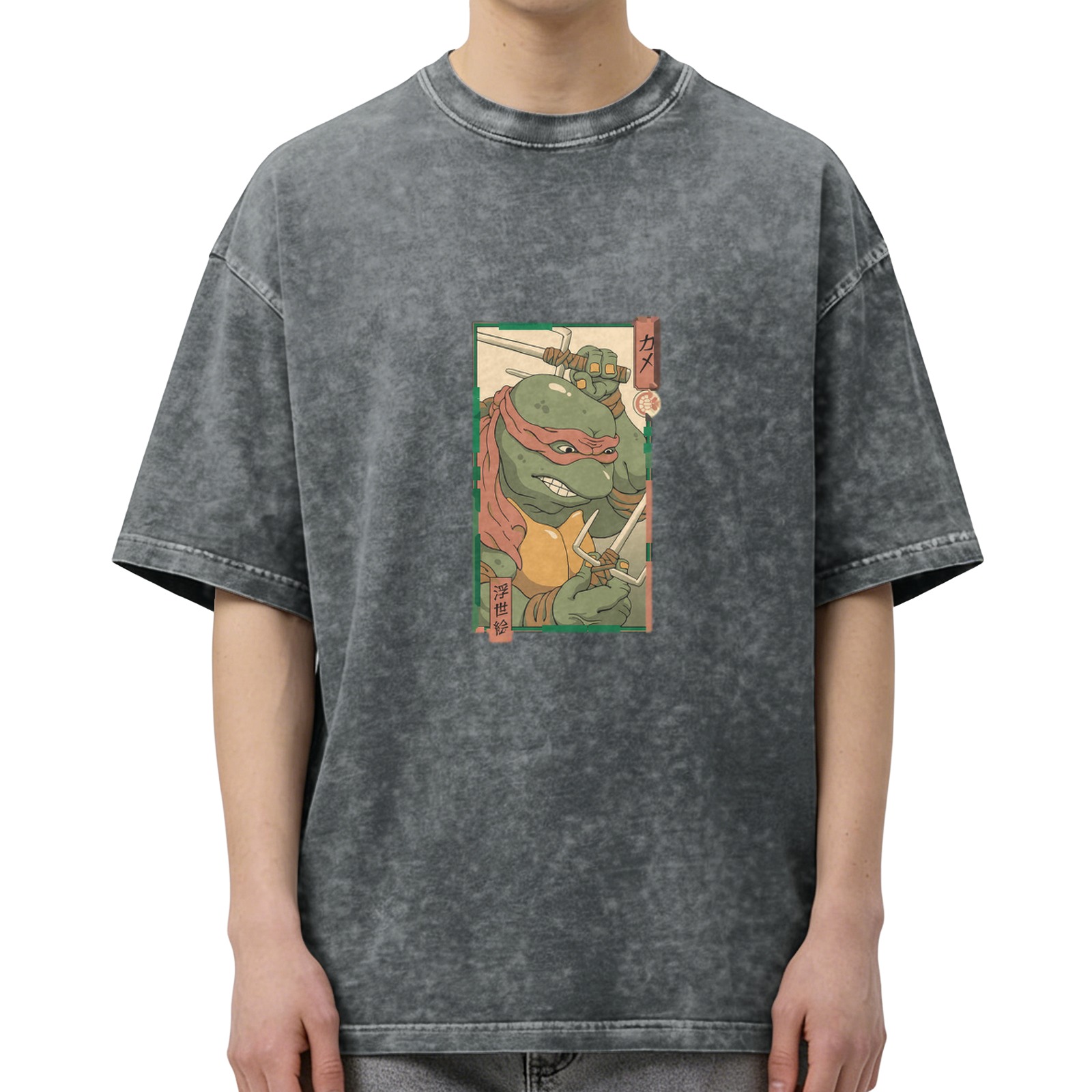 Washed Black T-Shirt with Raphael Ninja Turtle Ukiyo-e Style Print