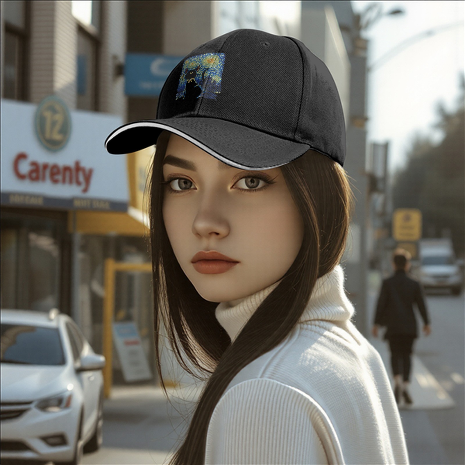 Black Baseball Cap With Starry Night Cat Art Print