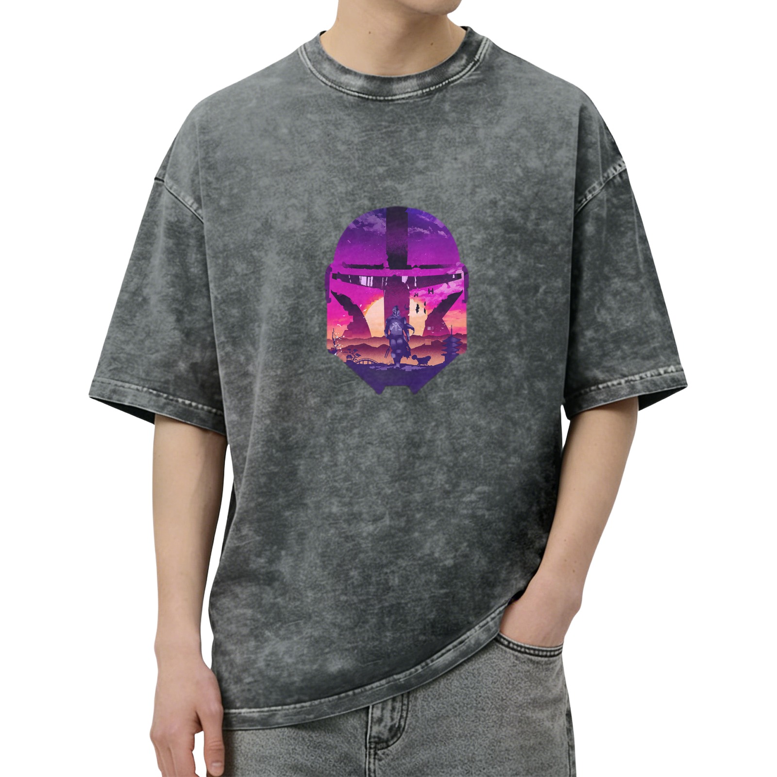 Distressed Black Mandalorian Helmet Graphic Short Sleeve T-Shirt