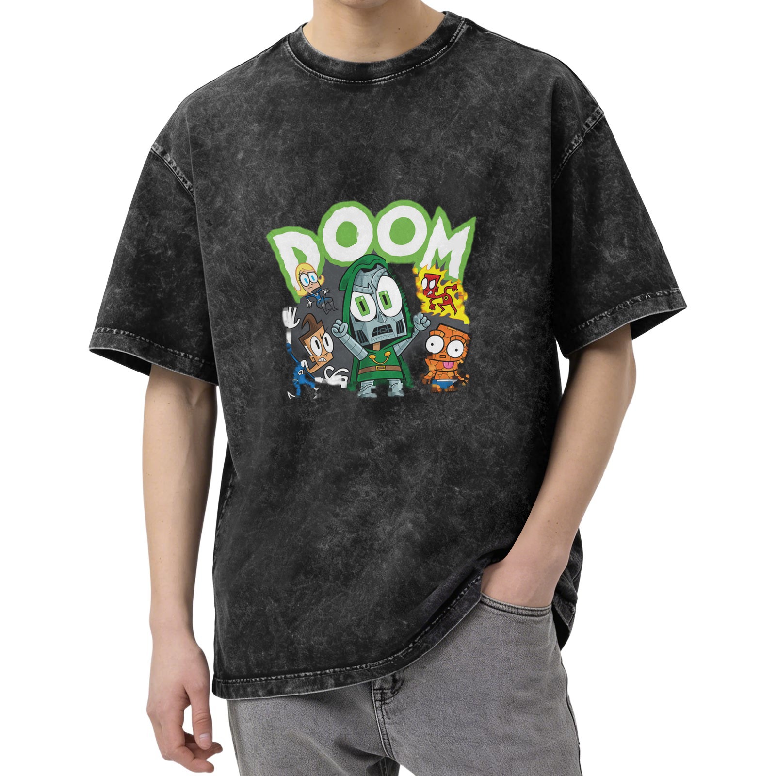 Washed Black T-Shirt With Chibi Doom And Fantastic Four Artwork