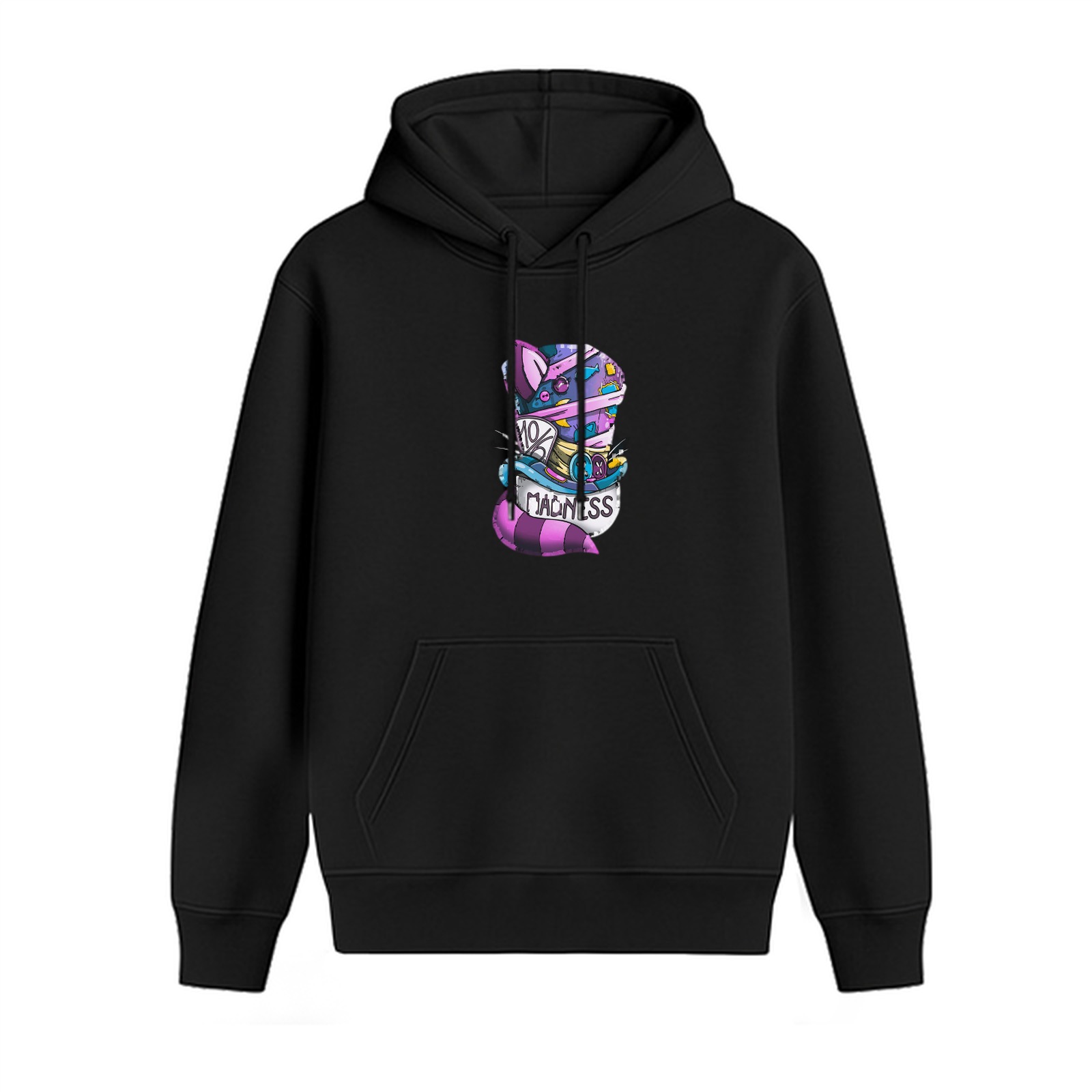 Black Hoodie With Cheshire Cat Mad Hatter Madness Graphic