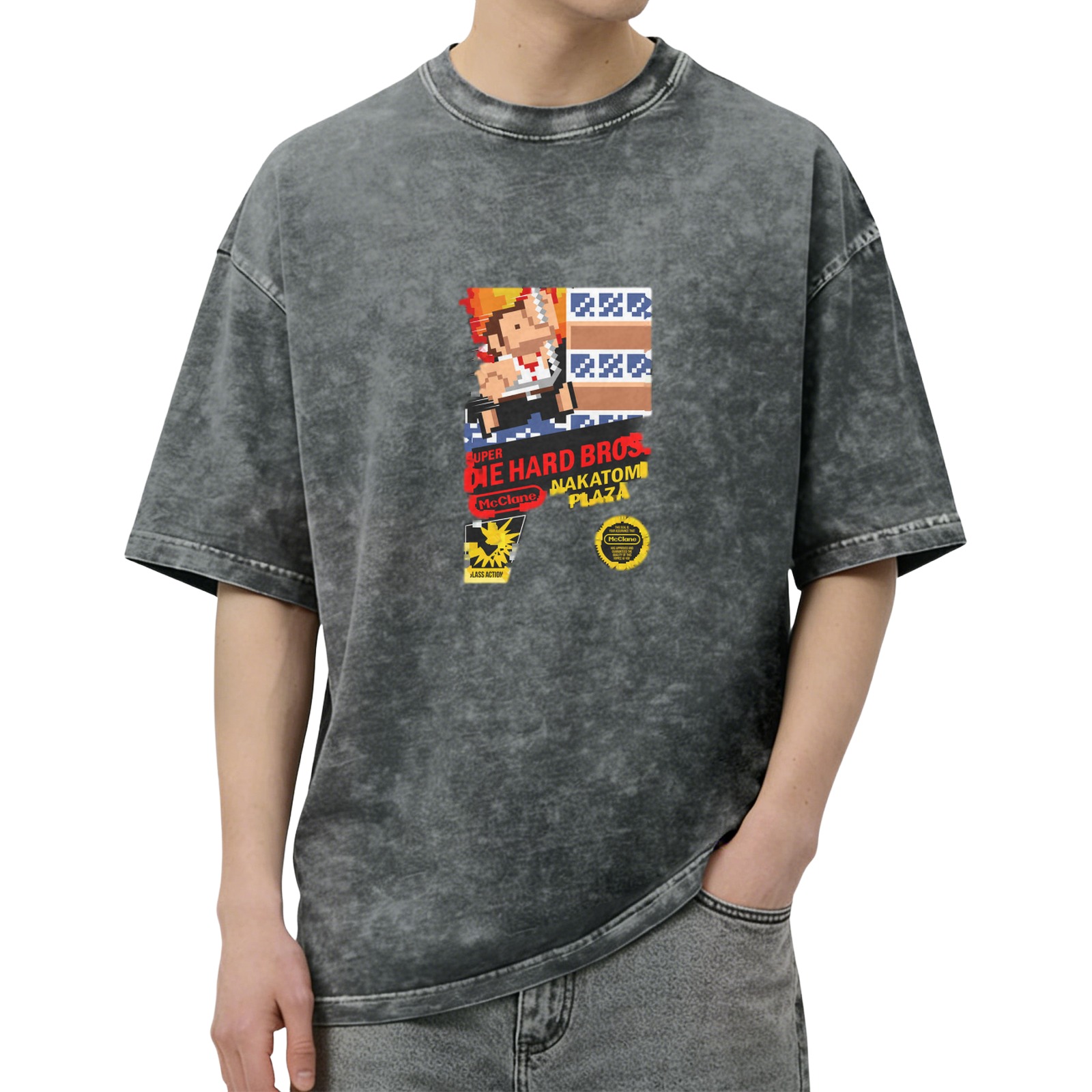 Super Die Hard Bros Nakatomi Plaza Pixel Art Acid Wash T-Shirt