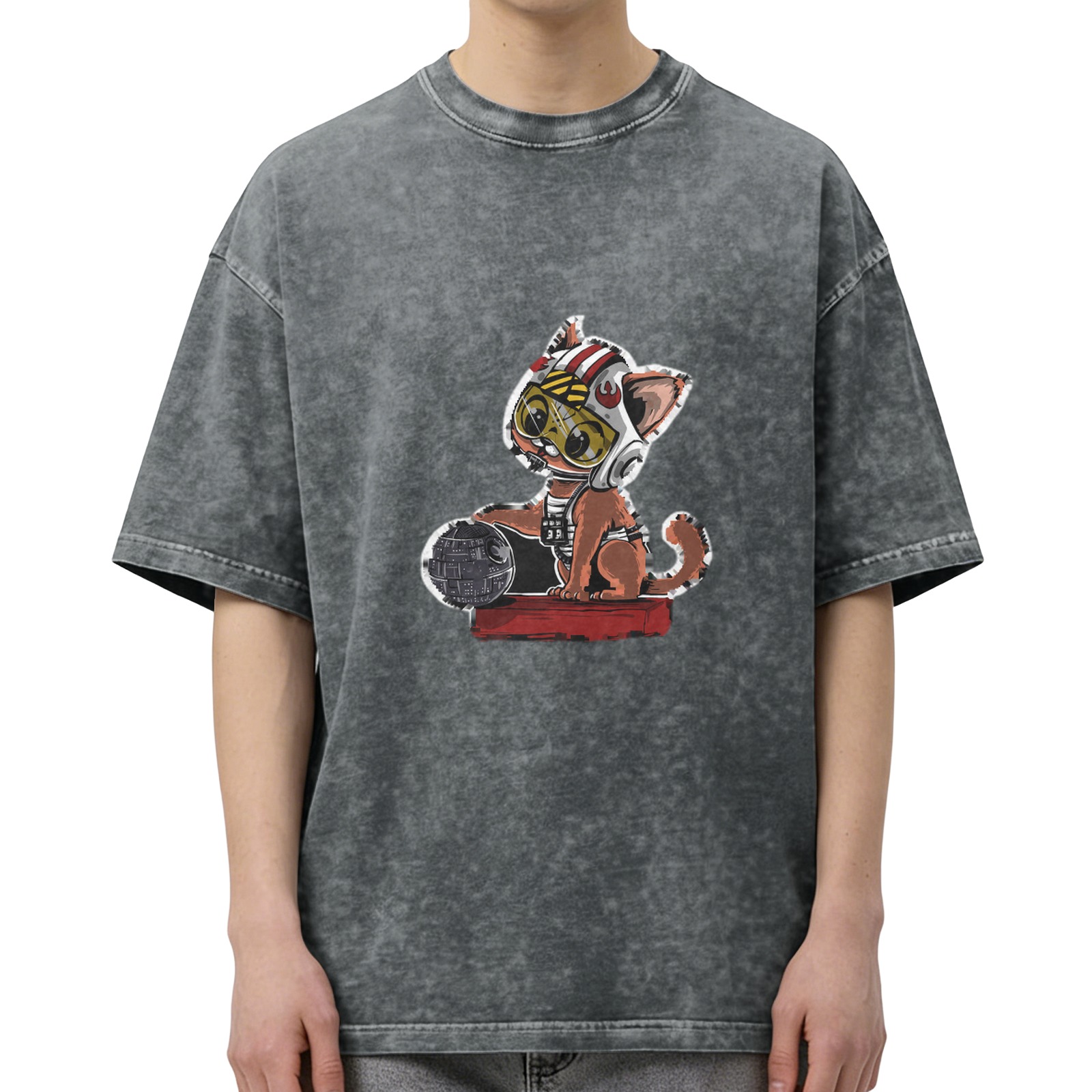 Oversized Washed Black T-Shirt with Cartoon Rebel Pilot Cat Graphic