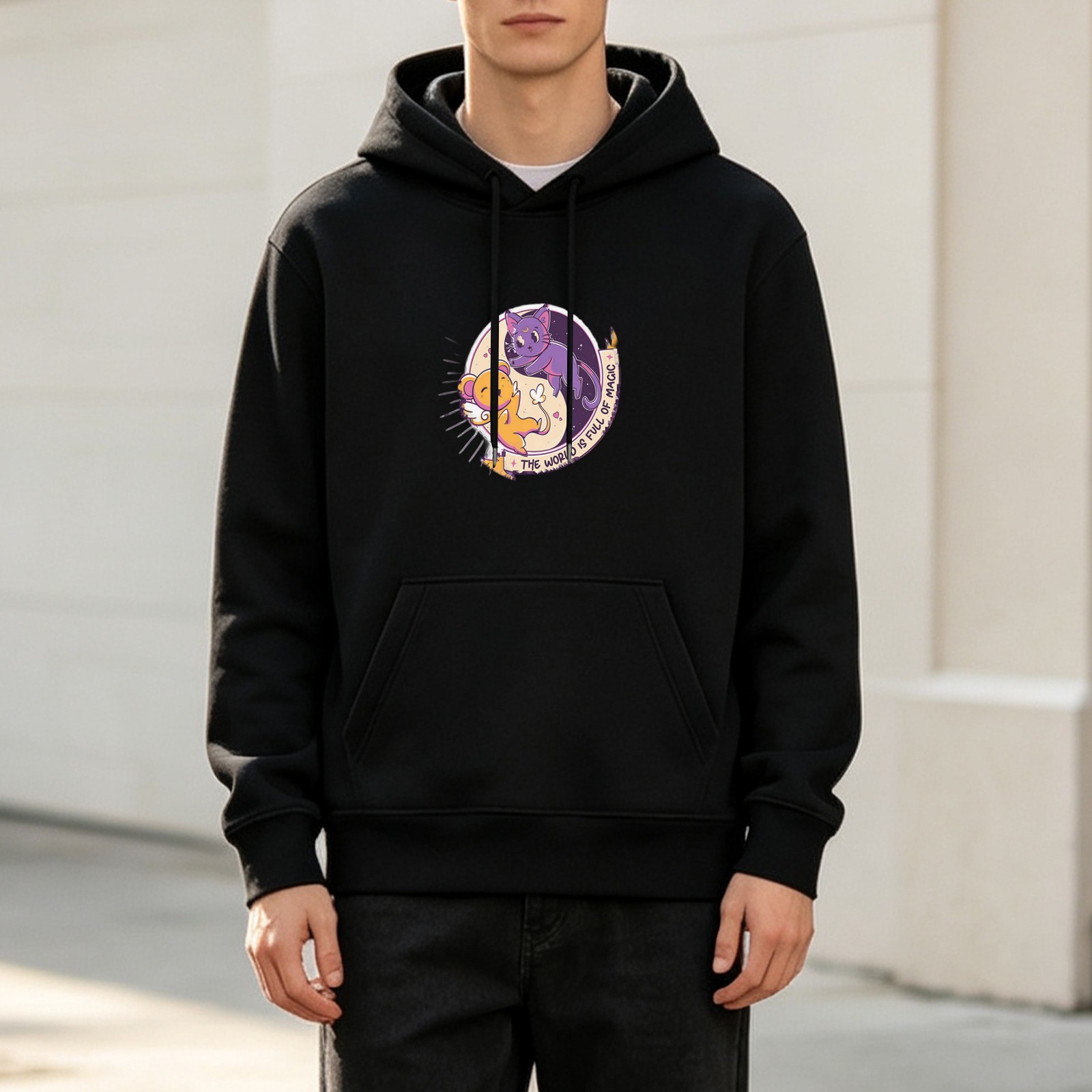 Black hoodie with magical cat and bear graphic print