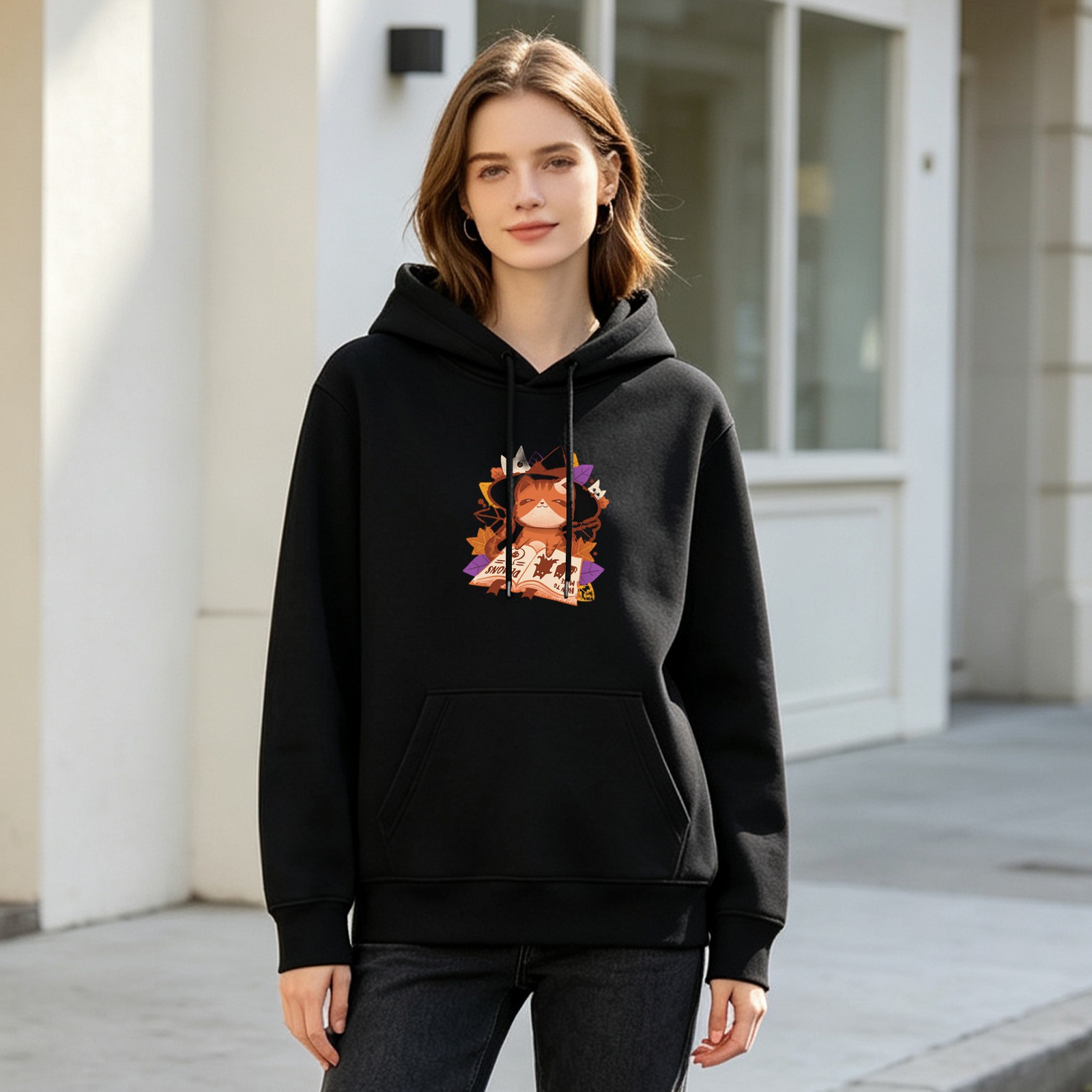 Black Hoodie With Cute Witch Cat Reading Book Graphic