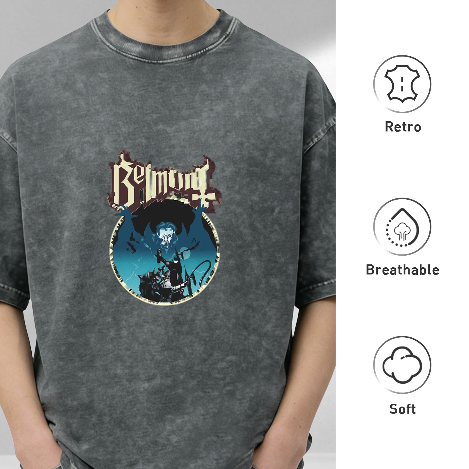 Oversized Dark Wash Graphic T-Shirt with Belmont Vampire Art