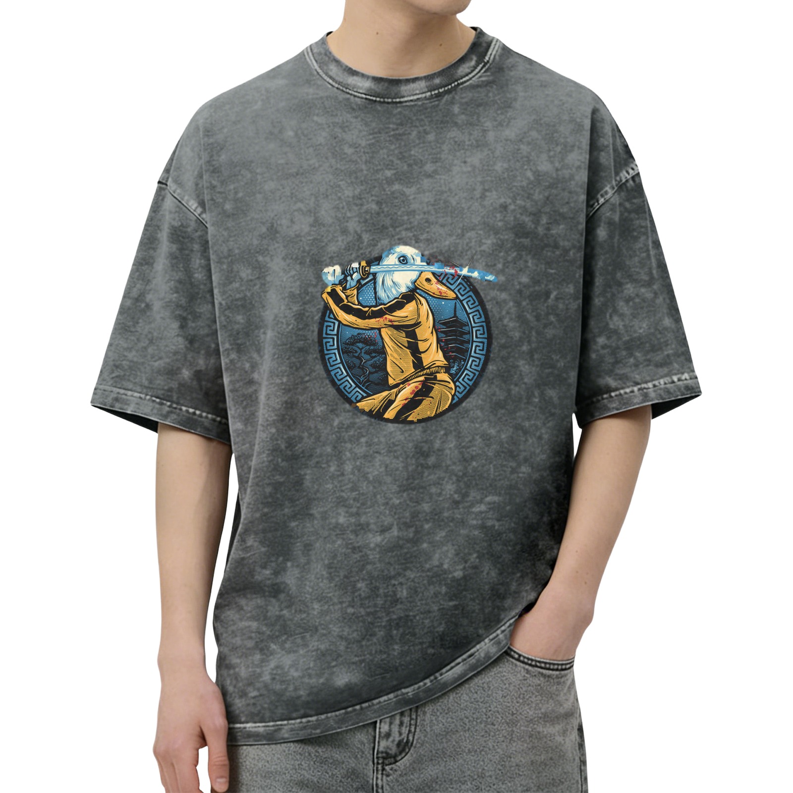 Oversized dark washed t-shirt with duck samurai katana graphic