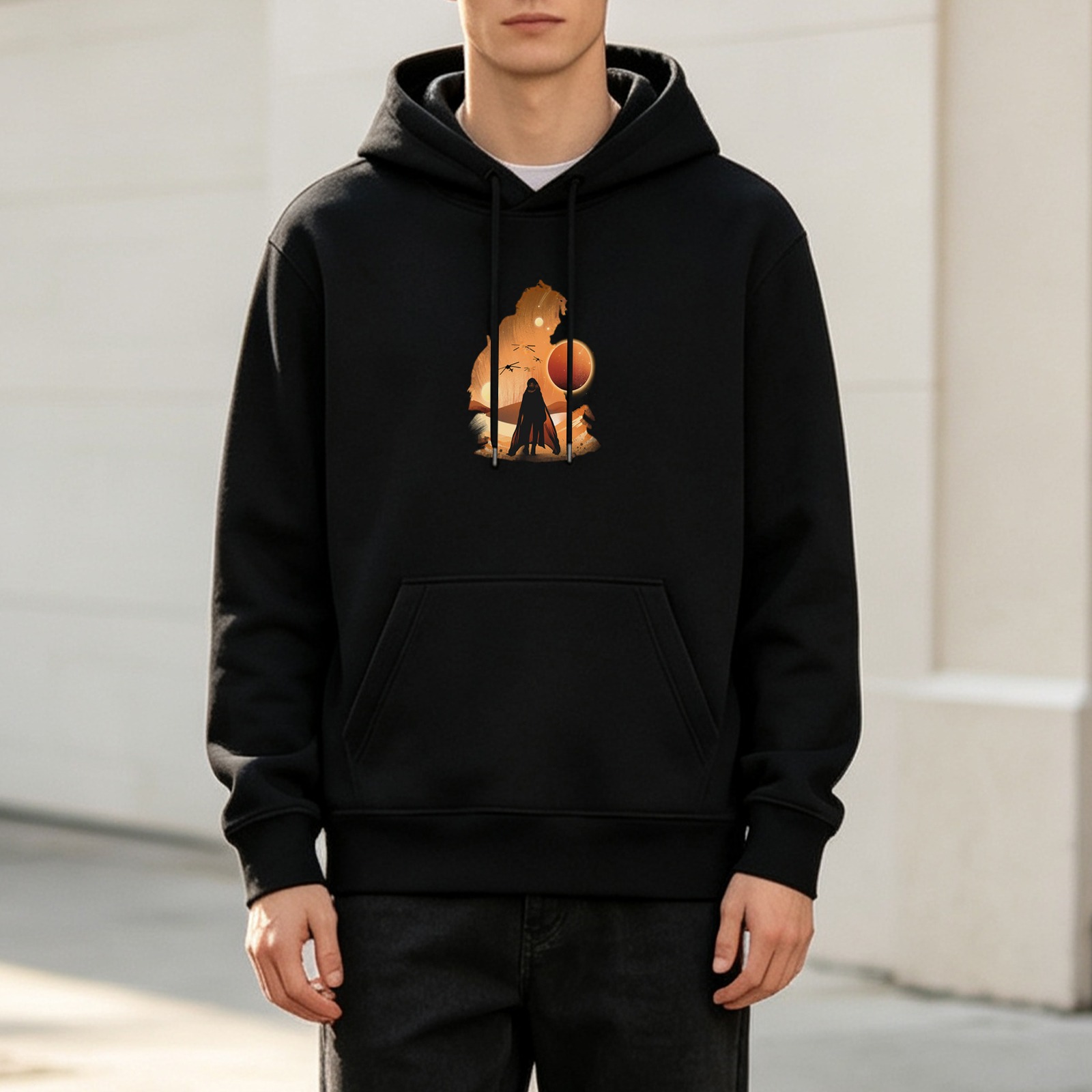 Black hoodie with desert sci-fi warrior silhouette print