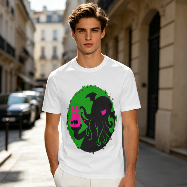 Olive T-Shirt With Cthulhu Holding Pink Ship Graphic Print