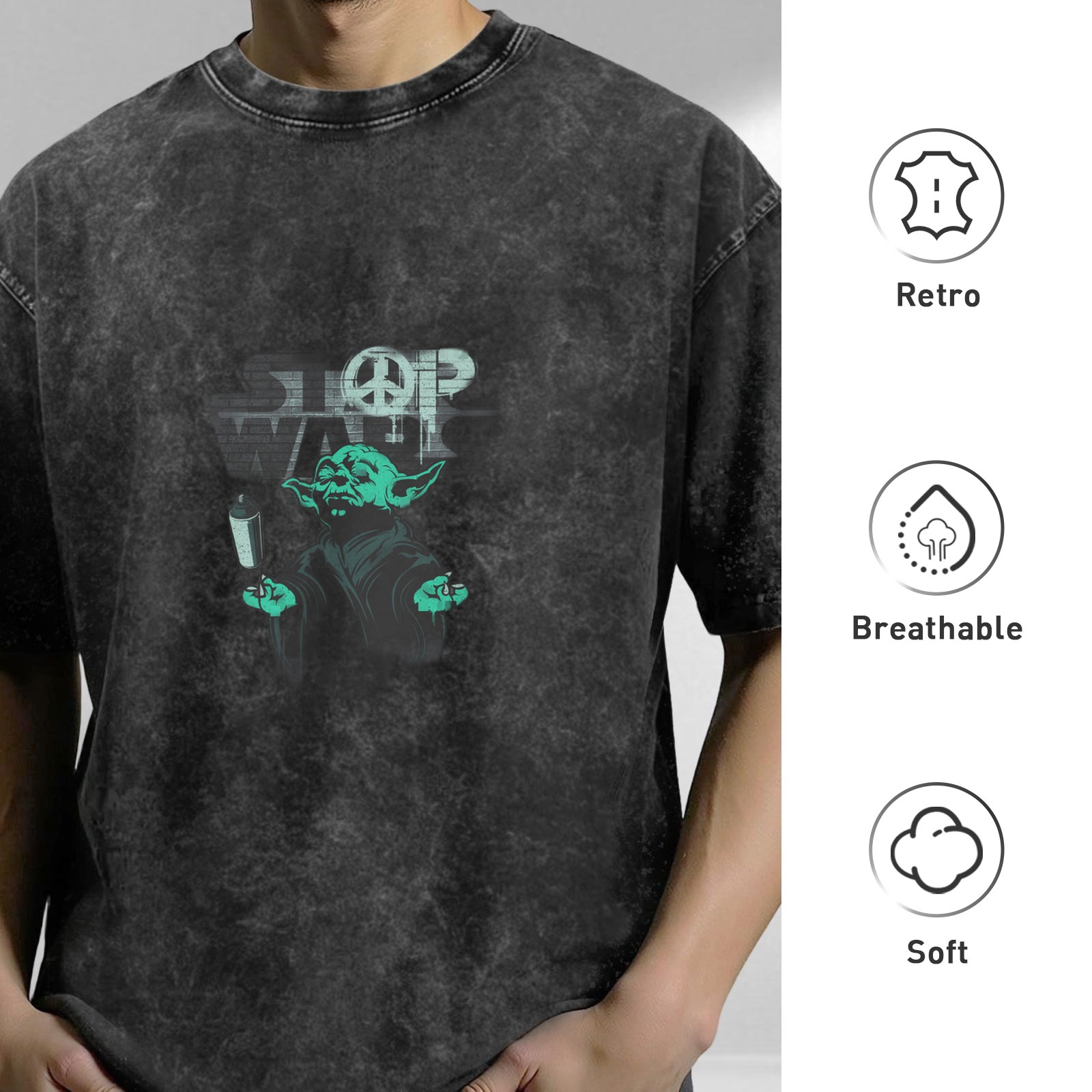 Distressed washed black loose short-sleeved T-shirt Star Wars themed Yoda peace anti-war printed top