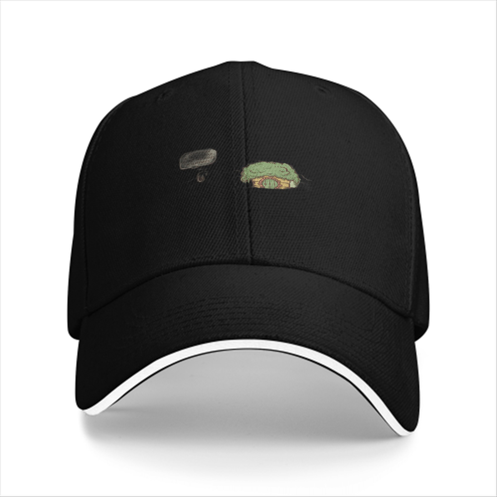 Black Baseball Cap with Small Whimsical House Print