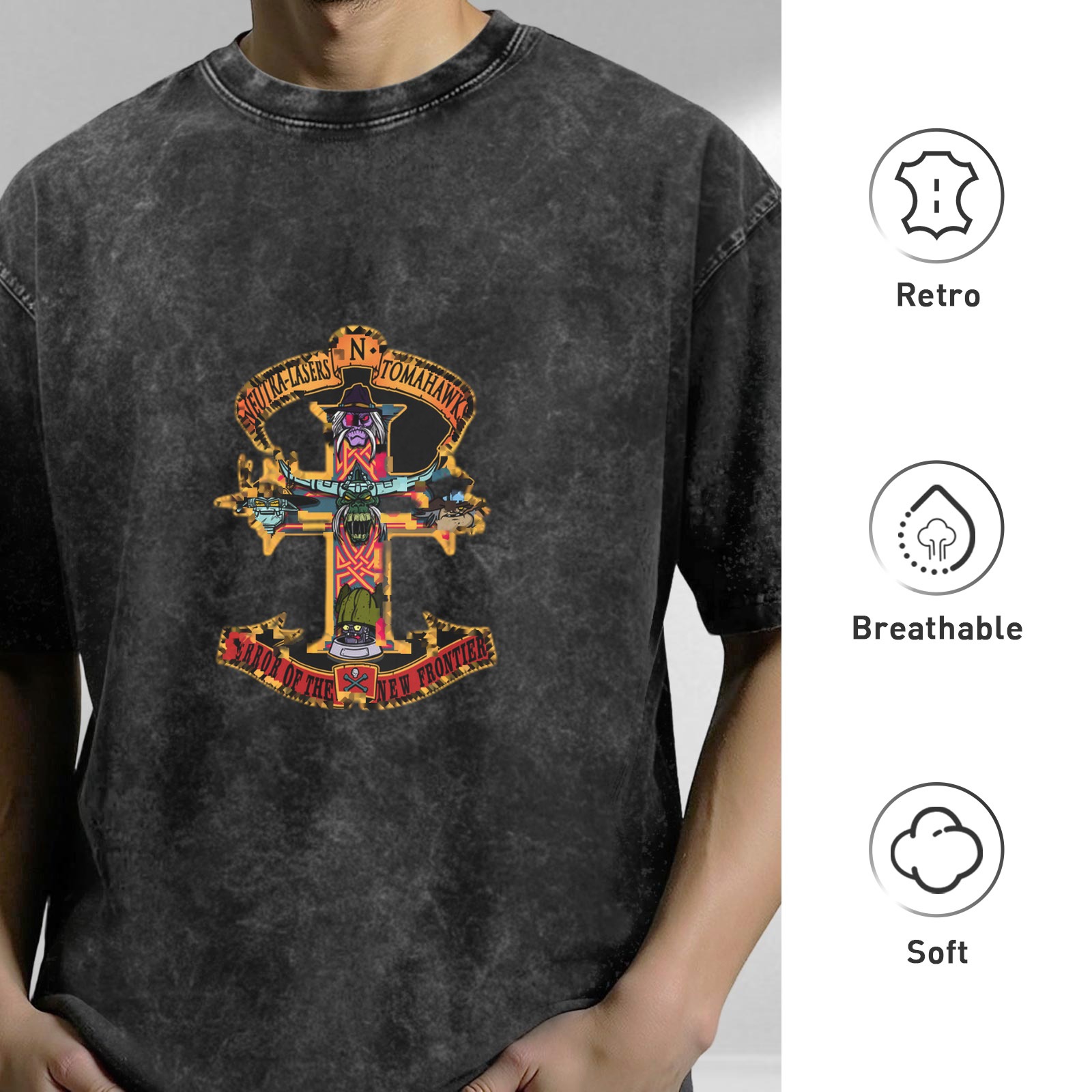 Washed black graphic t-shirt with stylized cross and text print