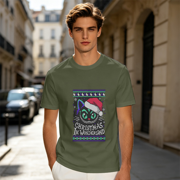 Christmas In Wonderland Cheshire Cat Santa Hat Graphic T-Shirt
